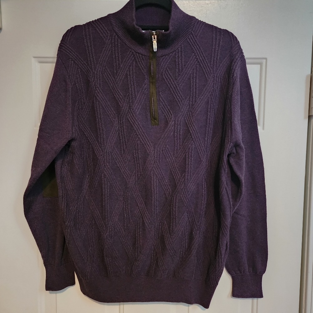 Men's Alex Cannon Dark Plum Cable-Knit Mock Neck Pullover Sweater. Size: M